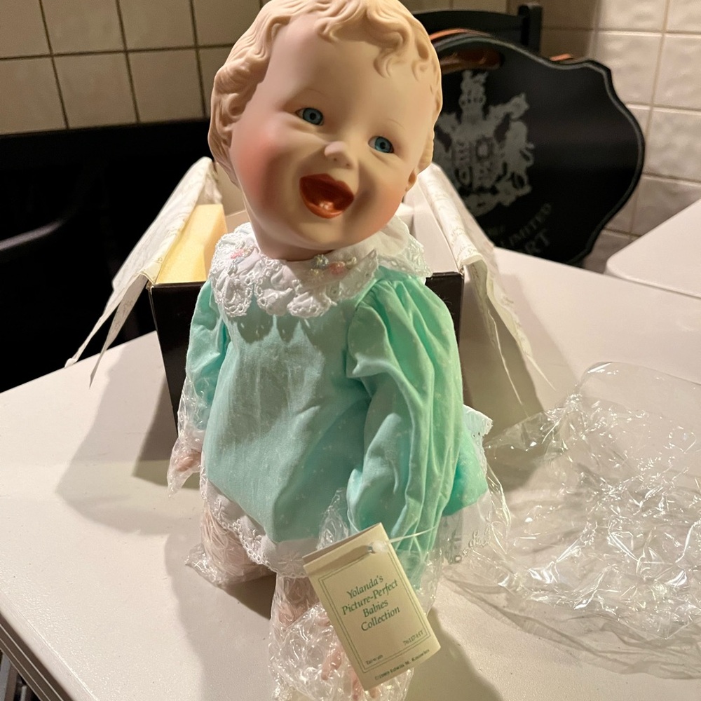 Vintage Porcelain Baby Doll in Blue Outfit. Jessica. Ashton Drake Yolanda Bello